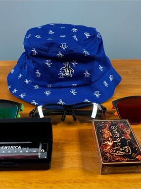 Summer Bundle- Bucket Hat, 3 Pairs of Sunglasses, Harmonica, Playing Cards